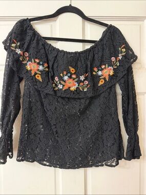 Black Lace Off-Shoulder Top with Floral Embroidery